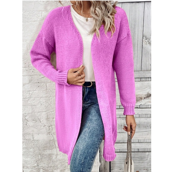 Hot Pink Open Cardigan Long Sleeve Hip Length - Picture 5 of 7